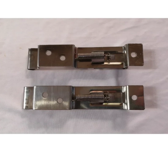 Pair of stainless steel spring-loaded car license plate holders for easy attachment to frames. Ideal for securing trailer number plates on cars.