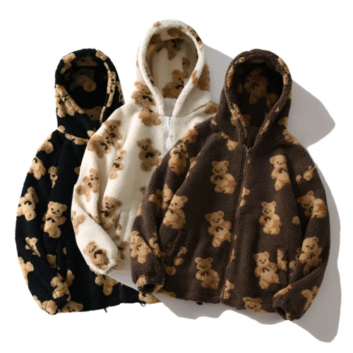 Harajuku Heart-shaped Print Plush Jacket: Winter Korean Streetwear for Women. Long Sleeve, Zip-Up Hooded Coat with Thick Warmth. Ideal for Couples.