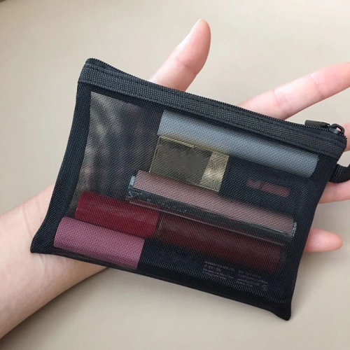 Mesh Makeup Bag for Women: Portable, Black, Organizes Lipstick, Toiletries, and Sanitary Napkins – Stylish and Practical Storage.