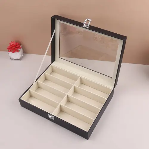 Eyeglasses Storage Box: PU Leather, 8 Grids, Sunglasses and Glasses Display Case, Travel-Friendly Jewelry Organizer Container with Transparent Lid