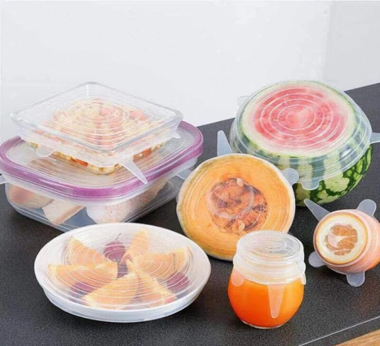 6 reusable silicone food covers for fresh-keeping and storage. Stretchy, versatile, and essential kitchen accessories.