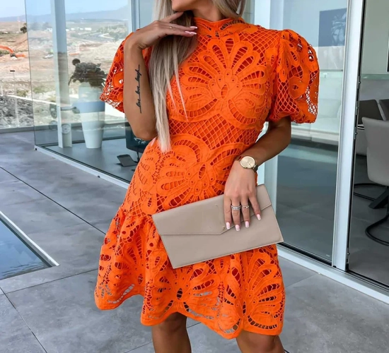 Elegant Women's Fashion: Embroidery Hollow Lace Mini Dress with Casual Puff Short Sleeves, Half High Neck, and Solid Ruffle Detailing - Ideal for a Stylish and Party-Ready Look