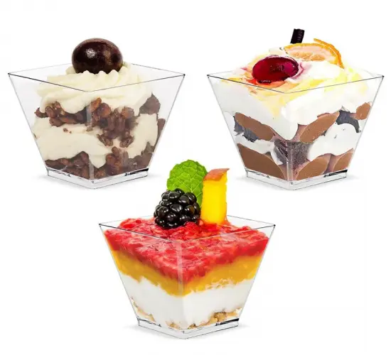 20 Clear Plastic Parfait Appetizer Cups with Spoons - 2oz Square Mini Dessert Cups for Tasting Party Desserts and Appetizers