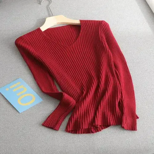 Ezsskj's affordable basic V-neck sweater for autumn/winter. Slim, long-sleeved, bodycon knit—perfect for women.