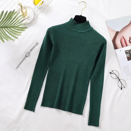 Autumn Women's Pullover Sweater: Fashion Half Turtleneck Knitted Female Jumper with Long Sleeve, Winter Black Soft Elastic Blouse