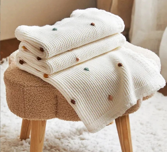 Nordic Pompom Knitted Baby Blanket Soft Sofa Throw Blanket, Perfect for Newborn Swaddling, Crib, Stroller, and Decorative Use, Sized 100*70cm.