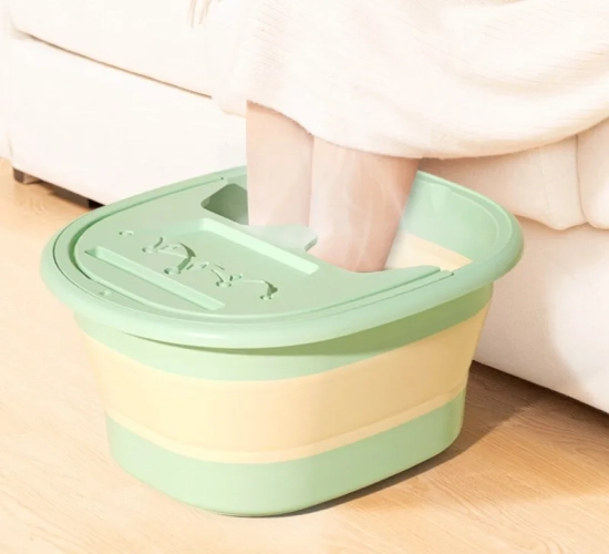 Portable and foldable foot bath bucket for at-home foot massages. Also doubles as a convenient laundry tub or children's foot bath basin.