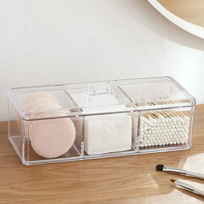 Transparent Cosmetic Storage Box - Acrylic Makeup Organizer for Cotton Swabs and Pads on Desktop, Three-Color Design