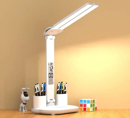 Touch Control LED Desk Lamp Foldable, Dimmable, with Calendar, Temperature, Clock, and Night Light Features. Perfect for Study and Reading