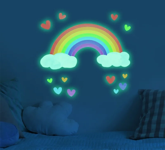 Cartoon Rainbow Luminous Wall Stickers: Glow in the Dark Cloud and Heart DIY Wall Decals for Baby Kids' Room, Nursery, and Home Decorations. Add a whimsical and glowing touch to the space.