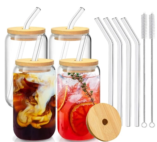 Glass Cup with Straw, Bamboo Lid Transparent Bubble Tea, Iced Coffee, Juice, Milk Mug for Cold Drinks, Beer Can