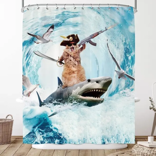 Playful Cat and Dinosaur Design on Ocean Wave Decor Fabric Shower Curtain for Kids' Rustic Wooden-themed Bathrooms.
