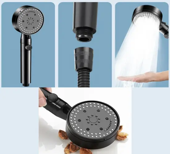 Turbocharged Spa Shower Head with 8 Modes, Water-Saving Feature, and Black Finish - Complete Bathroom Accessories Set with Handle, Faucet, Bath Holder, and Hose