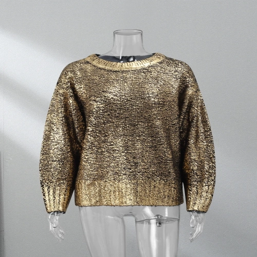 2024 Autumn fashion: Metallic solid O-neck sweater for women. Vintage, loose fit, long sleeves, shinny pullover—a chic addition to your street fashion.