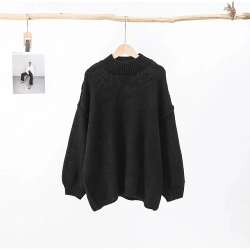 Harajuku-style wool cashmere pullover with turtleneck, loose fit, oversize high neck for women's autumn/winter fashion.