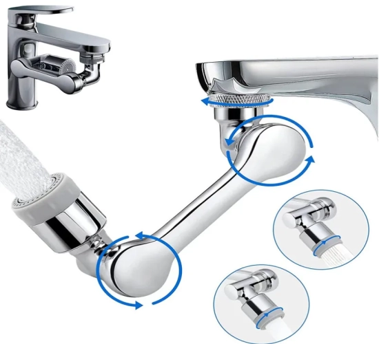 "1080° Rotating Faucet Sprayer: Adaptor, Aerator, Bubbler for Kitchen Tap and Washbasin with Robot Arm."