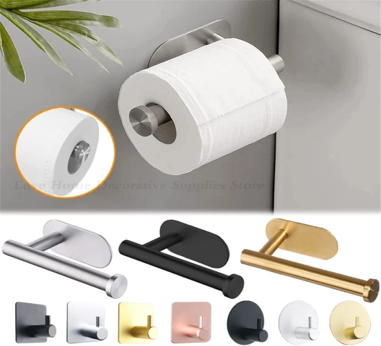 Wall-Mount Stainless Steel Toilet Paper Holder No Drilling Needed, Self-Adhesive Dispenser for Tissue Towel Rolls in Bathroom and Kitchen; Includes Wall Hooks.