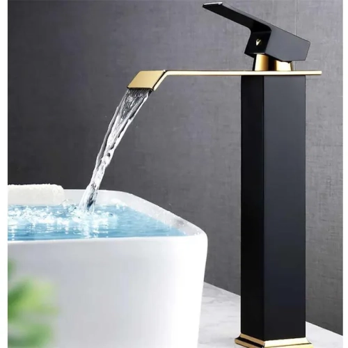 Gold and Black Waterfall Basin Faucet Brass, Mixer Tap for Hot and Cold Water in Bathroom Sink
