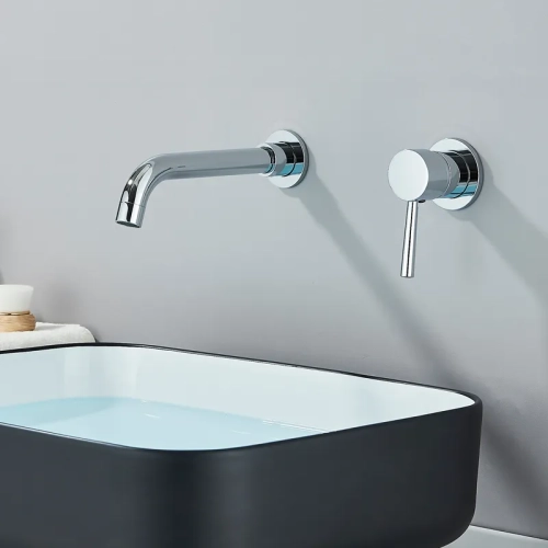 Shinesia Matte Black Bathroom Faucet Wall-Mounted Mixer Tap for Wash Basin, with Modern Lever Handle. Provides Hot and Cold Water.
