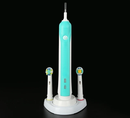 Charging base for Oral B electric toothbrushes, featuring a stand for the electric toothbrush, brush head holder, and storage stand – a convenient bathroom accessory.