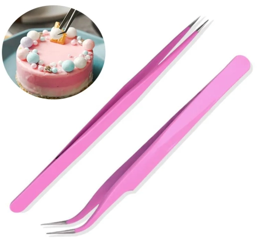 Set of 2 stainless steel tweezers for kitchen bakeware decoration, featuring anti-static properties. Ideal for cake mold and sugarcraft tools.