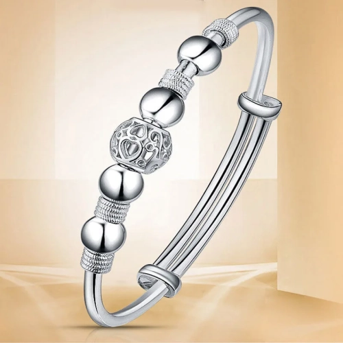 "Experience Korean Fashion Elegance with Silver-Toned Lucky Beads Bangles for Women - A Stylish Designer Choice for Parties, Weddings, and Thoughtful Jewelry Gifts"