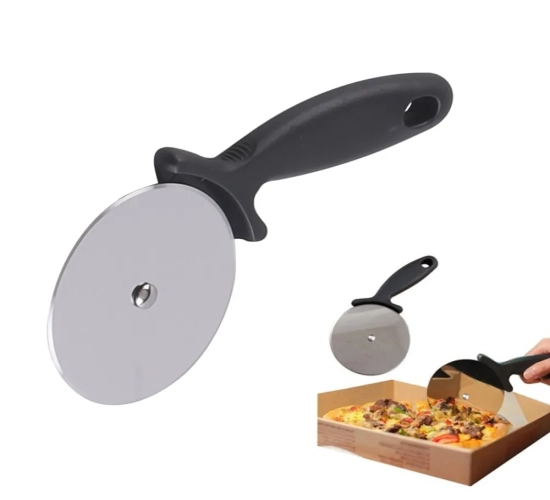 Stainless steel pizza cutter that doubles as a pastry roller and knife, cookie and cake roller wheel. Versatile kitchen accessory.