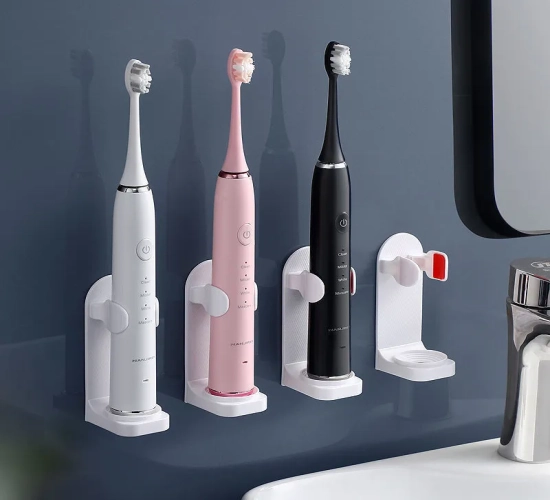 Flexible toothbrush holder for electric brushes, silicone base, non-slip wall mount, accommodates 99% of brush bodies.