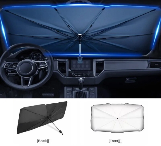Auto Sunshade Umbrella Protects Car Interior and Windshield from Summer Sun.
