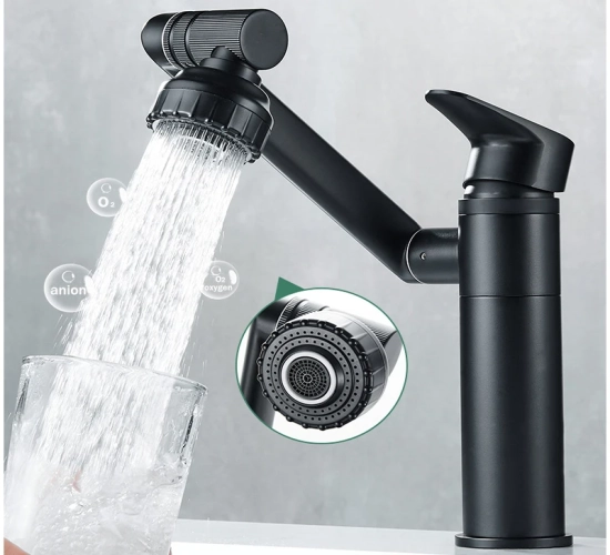 Deck Mounted Bathroom Sink Faucet with 1080° Swivel, Mixer, and Splash-Proof Water Tap. Includes Shower Head, Aerators, and 2 Pipes for Tapware.