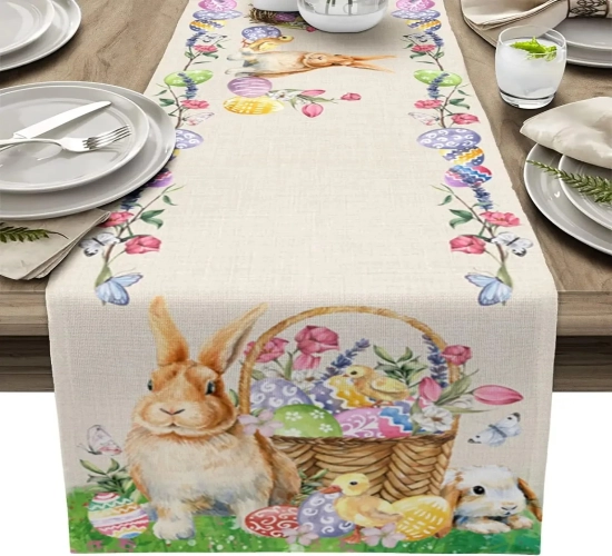 "Easter Bunny and Colorful Egg Linen Table Runners: Holiday Party Decor, Washable Kitchen Dining Table Runners for Festive and Vibrant Easter Decorations or Wedding Celebrations.