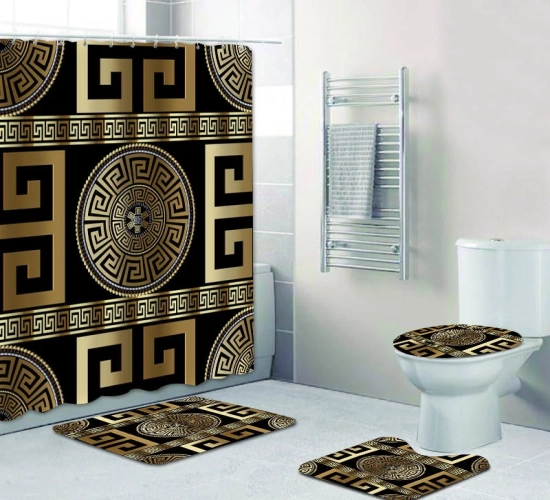 "3D Luxury Black Gold Greek Key Meander Baroque Bathroom Curtains Shower Curtain Set for Modern Geometric Bath Rug Decor"