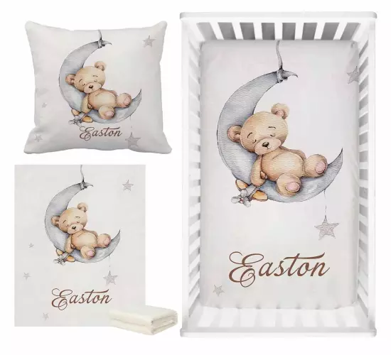 LVYZIHO Sleeping Bear Custom Name Crib Bedding Set with Sleeping Bear Sleep on Moon Design - Baby Shower Gift Bedding Set