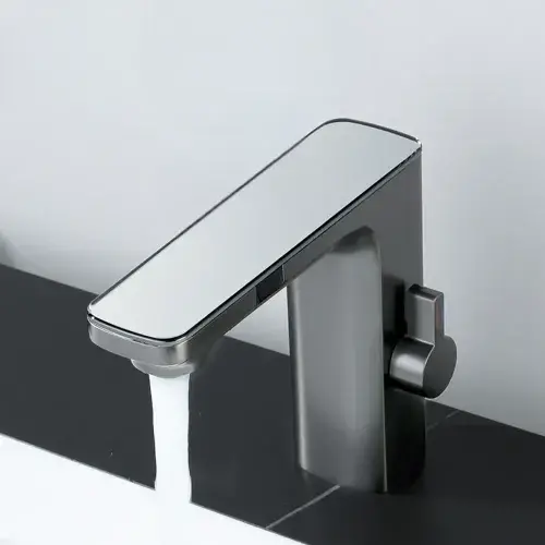 New Gray Smart Dual Sensor Bathroom Basin Faucet with Deck Mount, featuring Hot and Cold Water Mixer for Bathroom Sink.