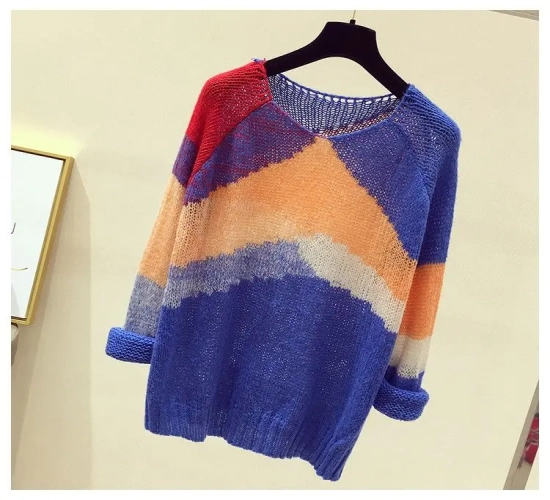 Striped Color-Block Knitted Sweater: Fashionable Thin Section, Long-Sleeved, Loose Fit. Hollow Lazy Pullover for Women in Spring.