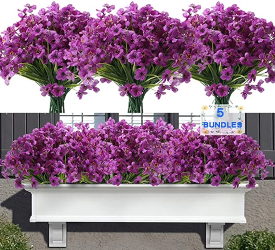 Set of 5 Lifelike Violet Artificial Flowers UV Resistant Fake Plants for Outdoor Decor, Perfect for Porch and Wedding Decorations