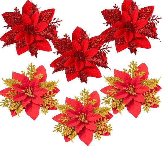 Set of 3 Christmas Bling Flower Heads - Red and Gold Festive Flowers for Home Tree Decorations, Party Table Settings, and Navidad Decor Supplies