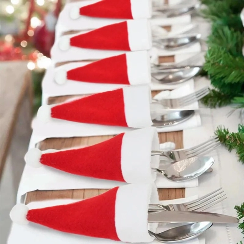 Christmas Tableware Holder Set with Hat-Shaped Bags for Forks and Knives - Xmas Home Kitchen Decor Ornament, Perfect for Navidad and New Year Celebrations