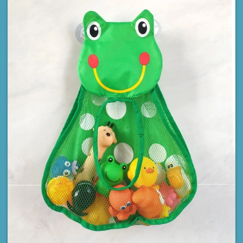 Adorable Duck and Frog Bath Toys with Sturdy Suction Cup Mesh Bag for Tidy Storage – Engaging Water Play Set and Bathroom Organizer for Kids.