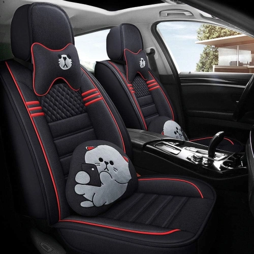 Universal PU Leather Car Seat Covers: Complete Front and Rear Set for 5 Seats, Featuring Breathable, Sweat-Proof Synthetic Linen Cloth Fabric Cushions, Ideal for Women