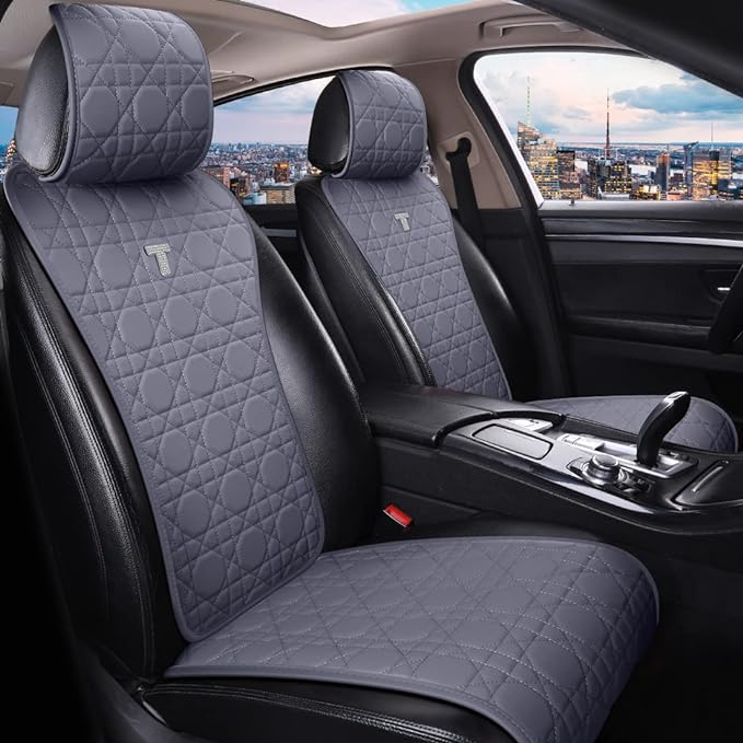 Stylish Gray Leather Car Seat Covers Set - 11 Pieces of Breathable, Universal Auto Seat Cushions with a Touch of Bling
