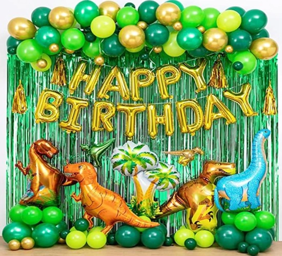 Dinosaur Birthday Party Decoration Kit 97pcs Balloons, Arch Garland, Happy Birthday Foil Balloons, Curtains, Dino Themed Party Favors