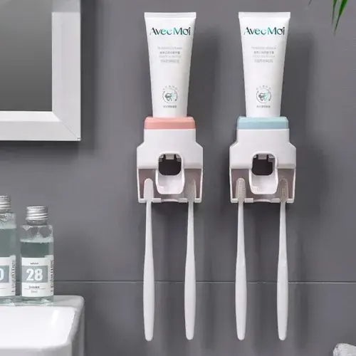 Lazy automatic toothpaste dispenser and toothbrush holder from WIKHOSTAR. A creative bathroom storage rack for accessories.