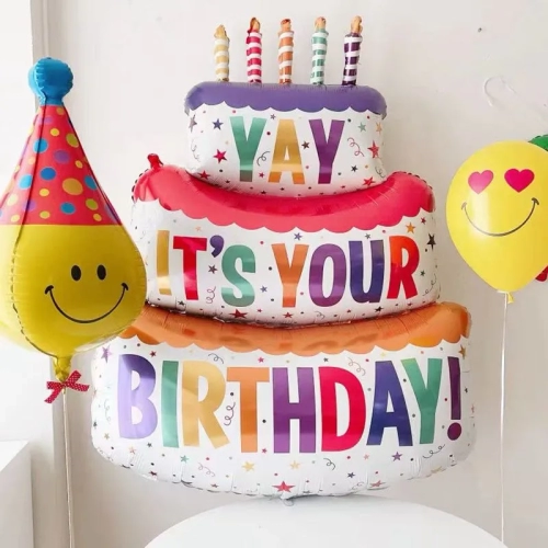 Large Three-Layer Birthday Cake Candle with Stripe and Polka Dot Foil Balloons Perfect for Birthday Party Photo Props and Scene Decoration