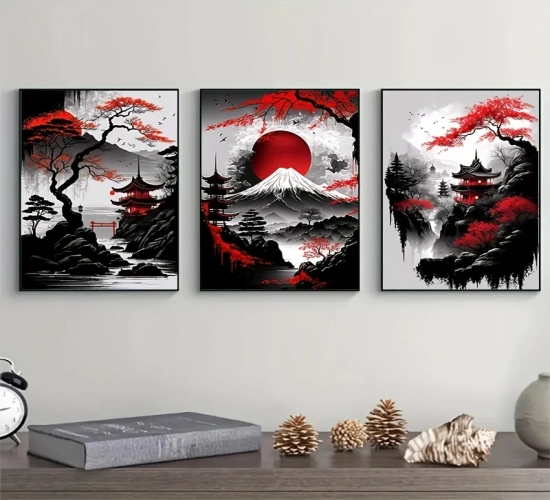 Set of 3 Frameless Japanese Natural Landscape Canvas Paintings: Black and Red Posters with Vintage Ink Art. Enhance the aesthetic of your living room or home with these unique wall prints.