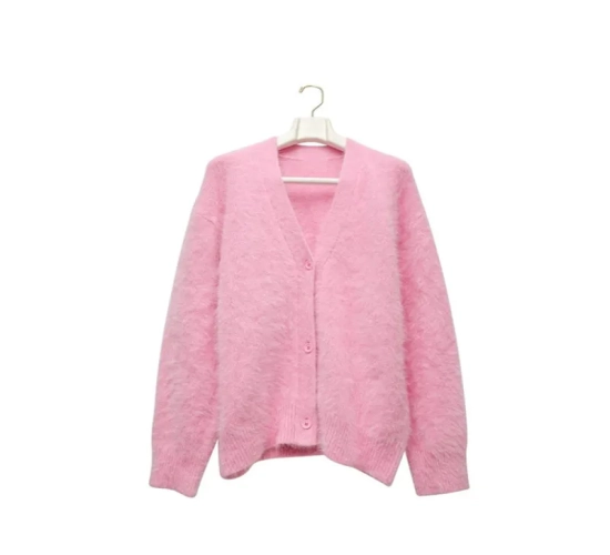 New luxe mink knitted cardigan for women: Oversized, soft, V-neck, long sleeves, single-breasted, solid knitwear—fashion forward.
