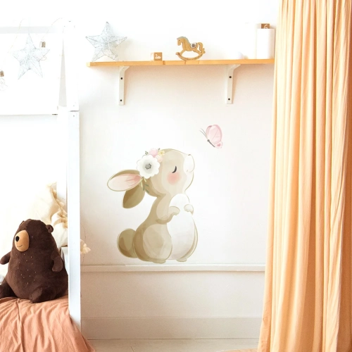 Charming Cartoon Rabbit and Butterfly Wall Sticker Kids' Room Background Decoration, Mural for Living Room and Bedroom, Bunny-themed Wallpaper Stickers for Home