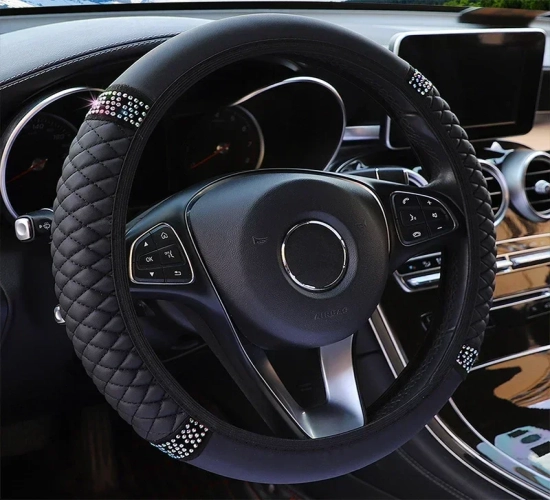 Four Seasons Universal Car Steering Wheel Cover: 37-38cm Leather, Embroidered, Color Diamond-Studded, Elastic Steering Wheel Cover