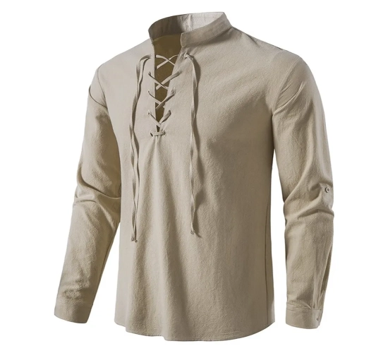 New Men's Casual Blouse: Cotton Linen Shirt Tops with Long Sleeve Tee, Spring/Autumn Style. Features a Slanted Placket for a Vintage and Yoga-inspired Look.