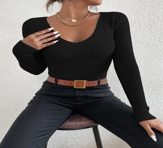 Autumn/Winter Women's Solid Rib Knit V-Neck Stripe Pull Sweater - Stay in Fashion with Long Sleeves and Pullover Style. Elevate Your Wardrobe with this Femme Y2K-Inspired Jersey Top.